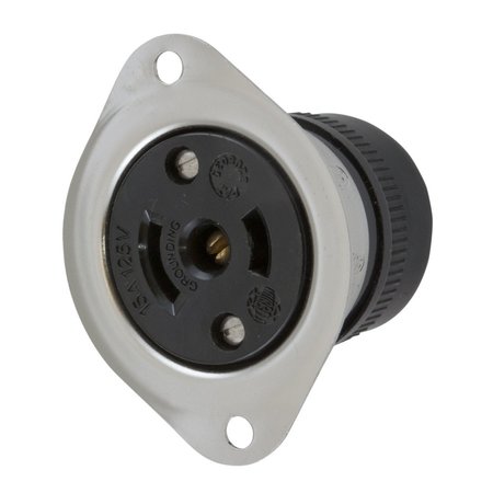HUBBELL WIRING DEVICE-KELLEMS Locking Devices, Midget Twist-Lock®, Industrial, Flanged Receptacle, 15A 125V AC, NEMA ML- 2R, Screw Terminal, Stainless Steel Flange. HBL7598